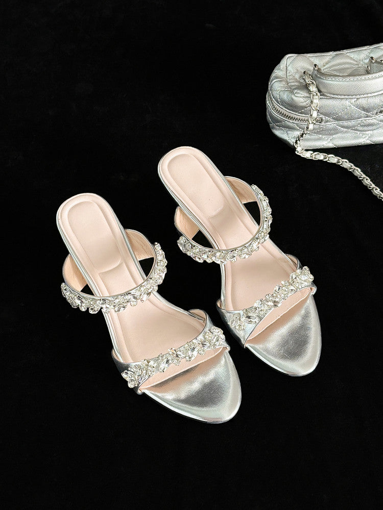 Karin Luna Exquisite Round Toe One-Strap Rhinestone Thin Heel Slippers