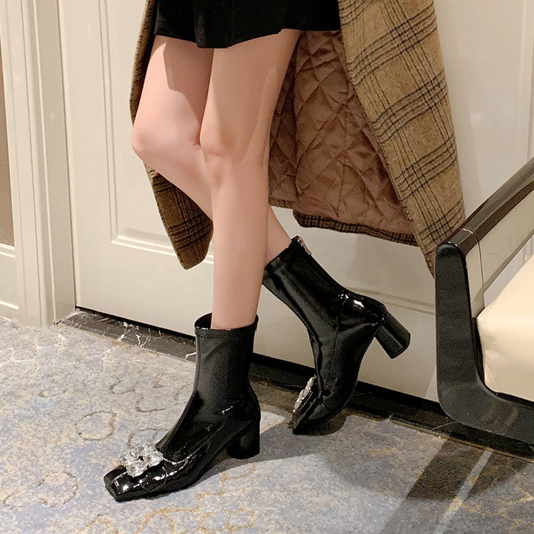 Karin Luna In Stock  Elegant Style Square Toe Rhinestone Chunky Heel Ankle Boots