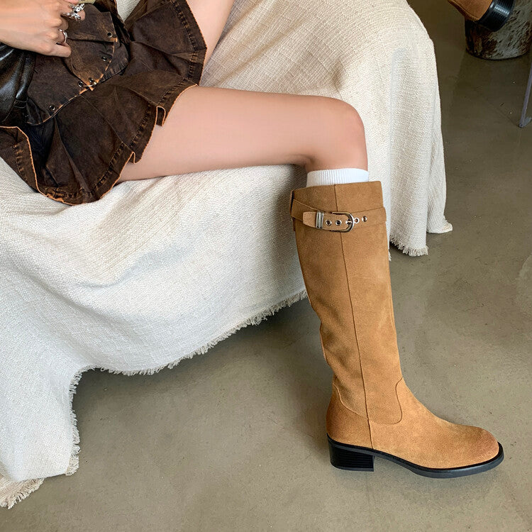 Karin Luna Chunky Heels Round Head Belt Buckle  Fashionable Suede Boots