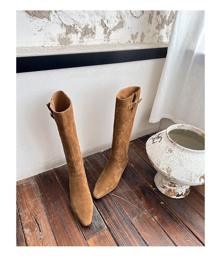 Karin Luna In Stock Spot Goods Vintage Cowhide Leather Chunky Heel Height Increasing Long Boots