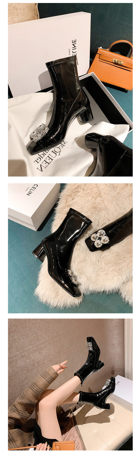 Karin Luna In Stock  Elegant Style Square Toe Rhinestone Chunky Heel Ankle Boots