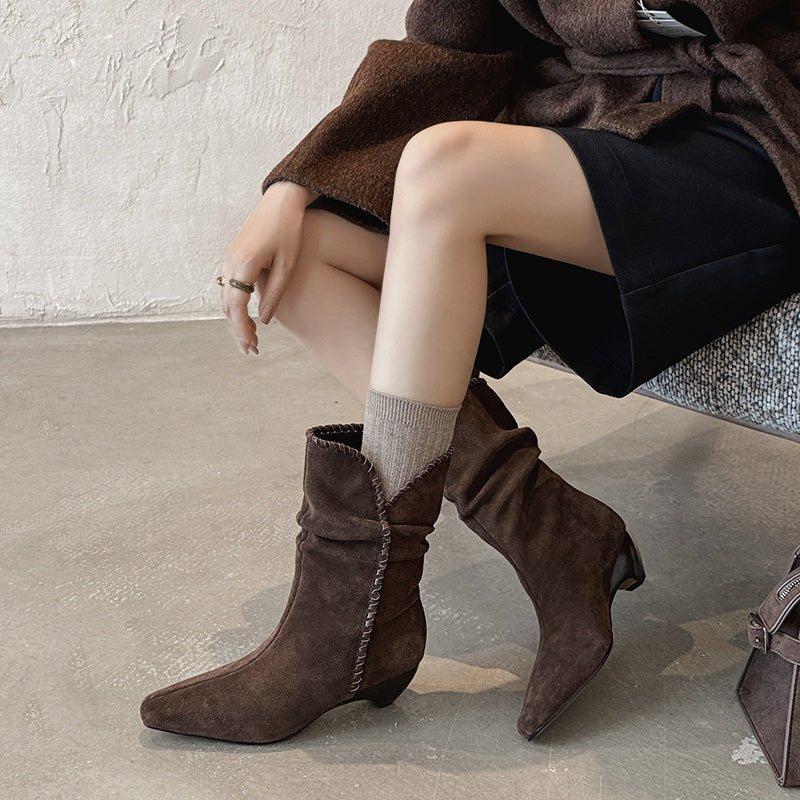Karin Luna Small Square Toe Retro Ruched Pile Short Boots