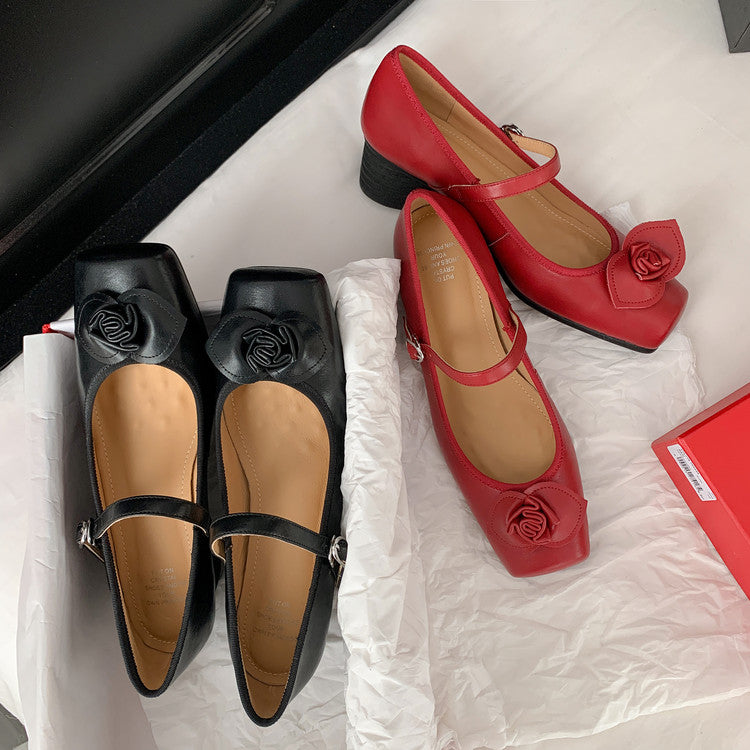 Karin Luna In Stock Spot Goods  Vintage Three-Dimensional Camellia Square-Toed Mary Jane Shoes