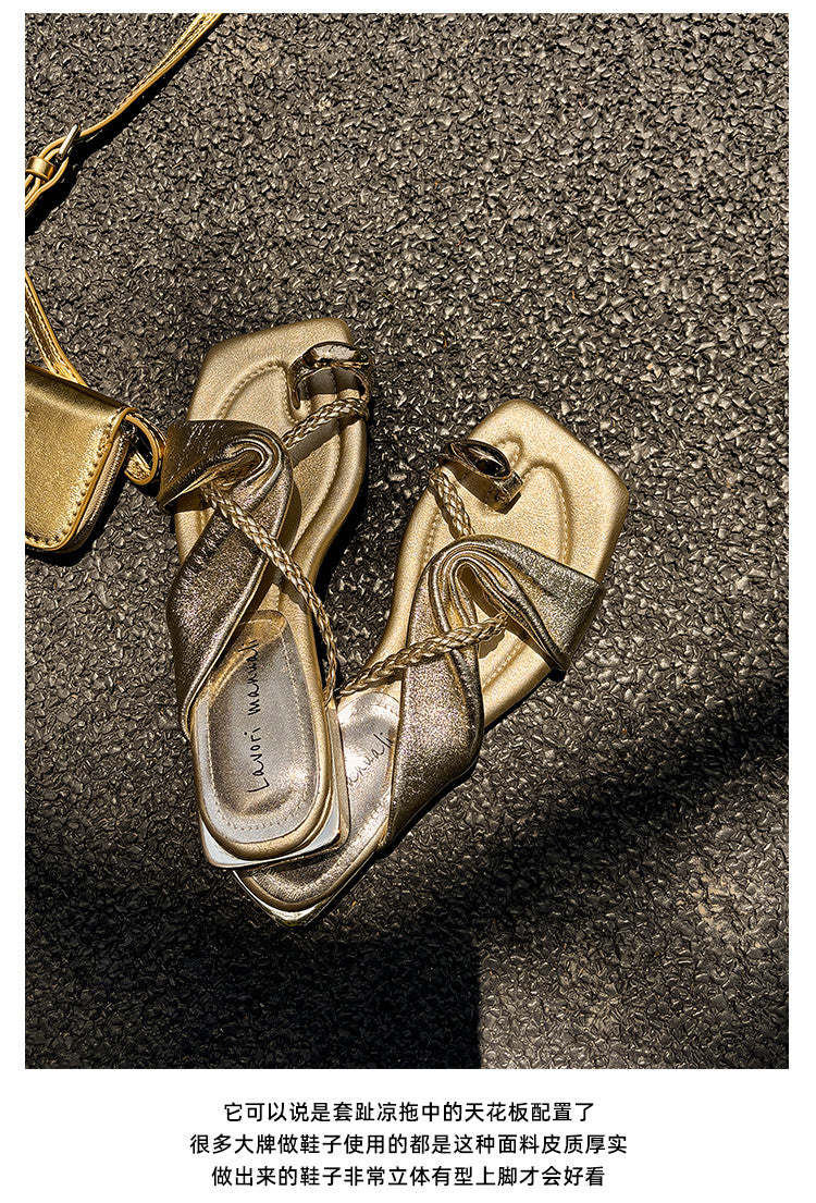 Karin Luna  Square Toe Braided Cross Thick Heel Flat Slippers