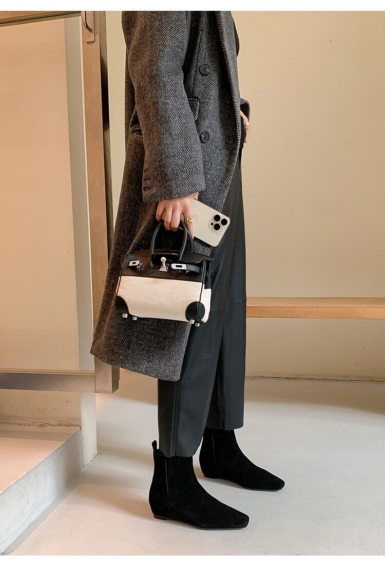 Karin Luna Classic Style Internal Height Increase Cowhide Leather Small Square Toe Short Fashion Boots