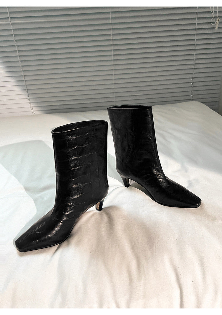 Karin Luna In Stock Spot Goods Top Layer Stone Pattern Cowhide Textured Small Square Toe Straight Short Boots