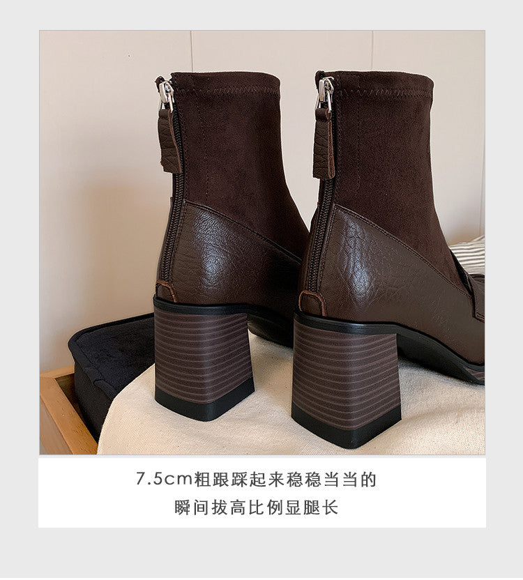 Karin Luna Hot-Selling Element Round Toe Elephant Pattern Elastic Thick Heel Short Boots