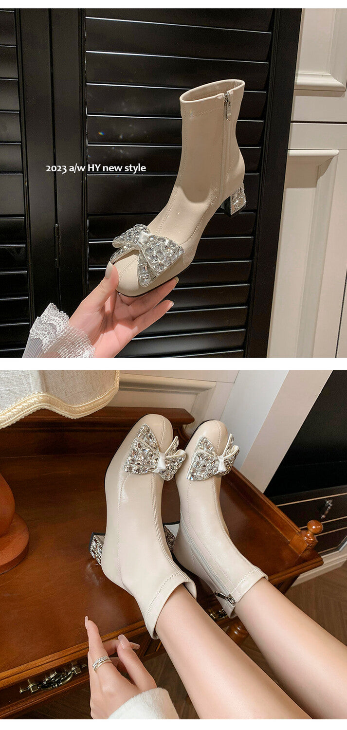 Karin Luna In Stock   Rhinestone Bow Thick Heel Slim Boots