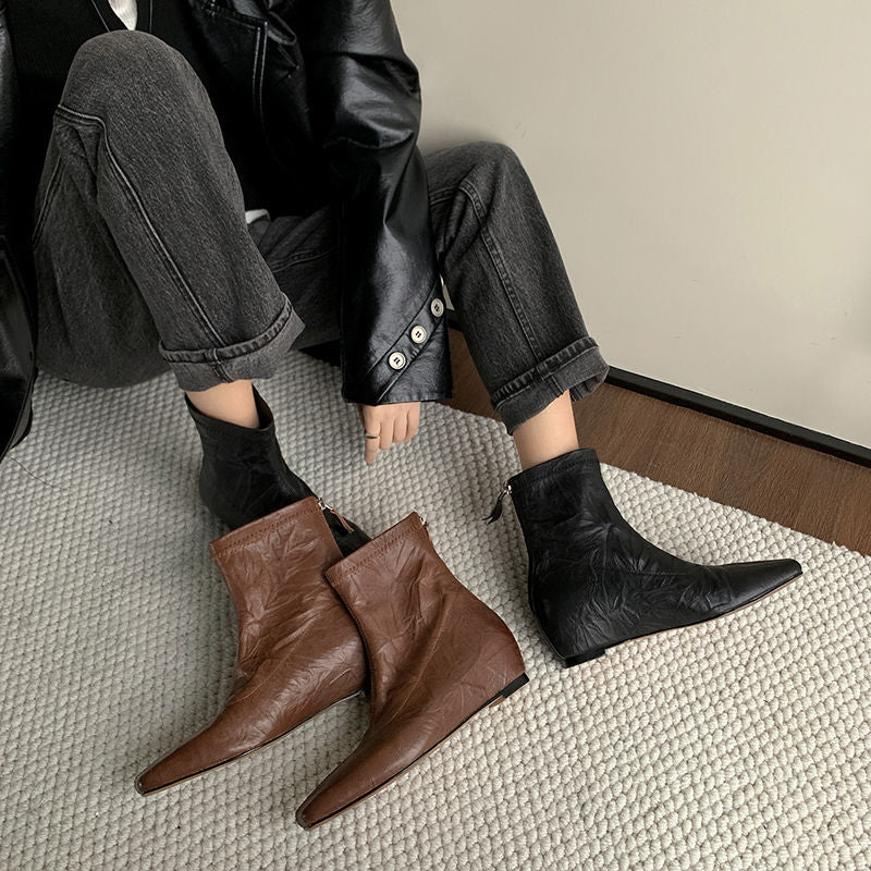 Karin Luna In Stock Spot Goods Slim Series  Hidden Wedge Small Square Toe Back Zipper Short Boots