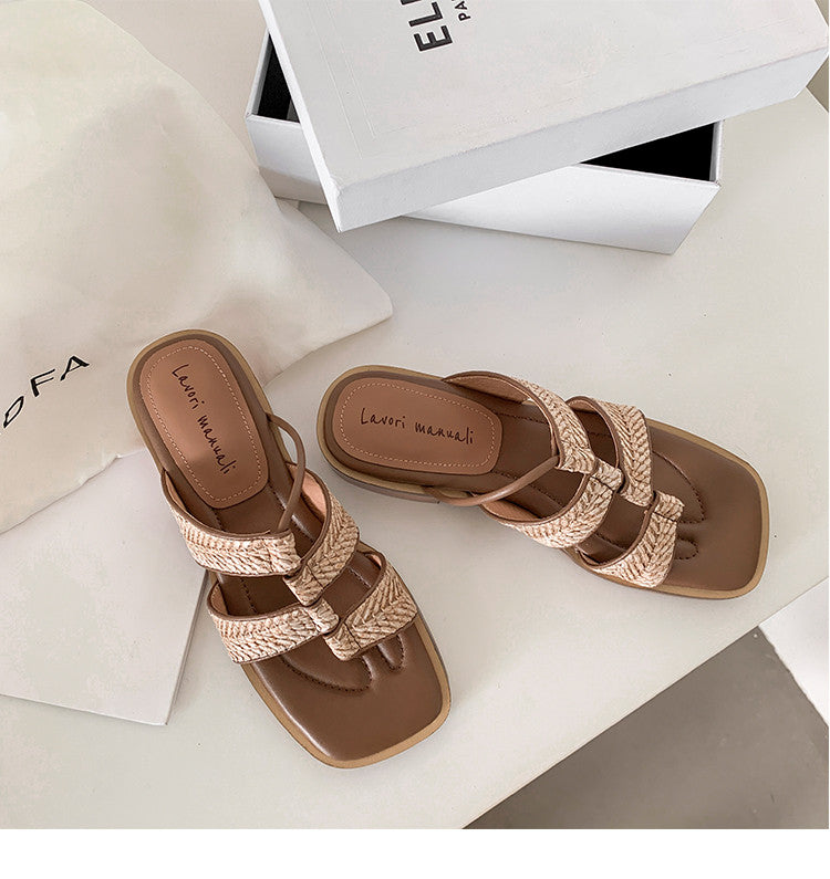 Karin Luna In Stock Spot Goods  Popular Element Woven Style Square Toe Thong Sandals