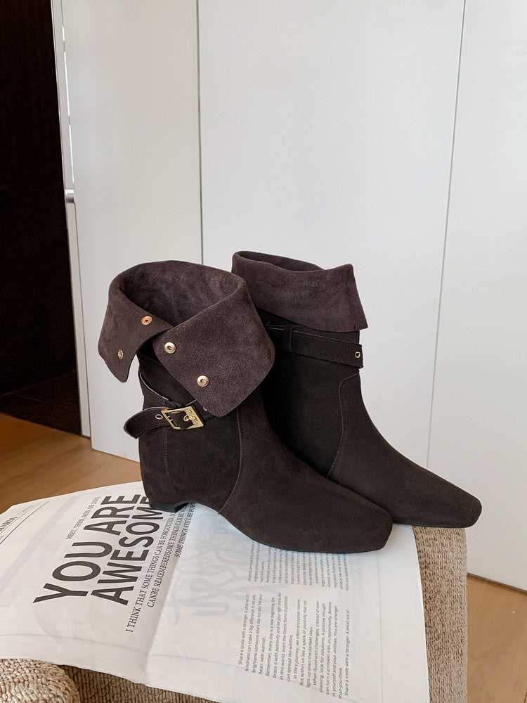 Karin Luna Foldable Belt Buckle Square Toe Hidden Wedge Short Boots