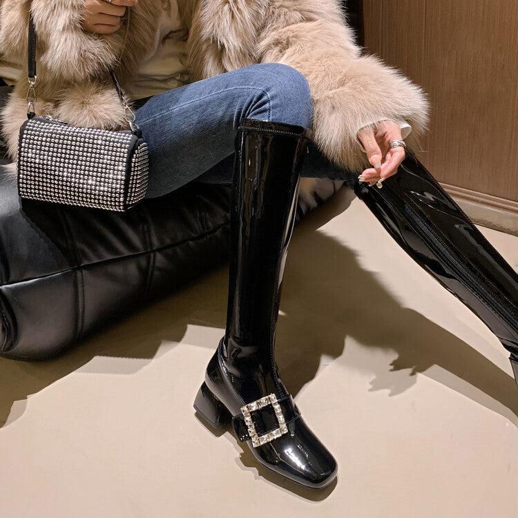 Karin Luna French Retro Square Buckle Rhinestone Chunky Heel Short Boots