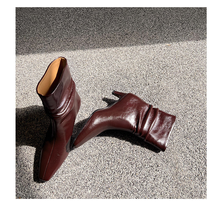 Karin Luna In Stock Spot Goods  Retro Wrinkled Small Square Toe Short Boots