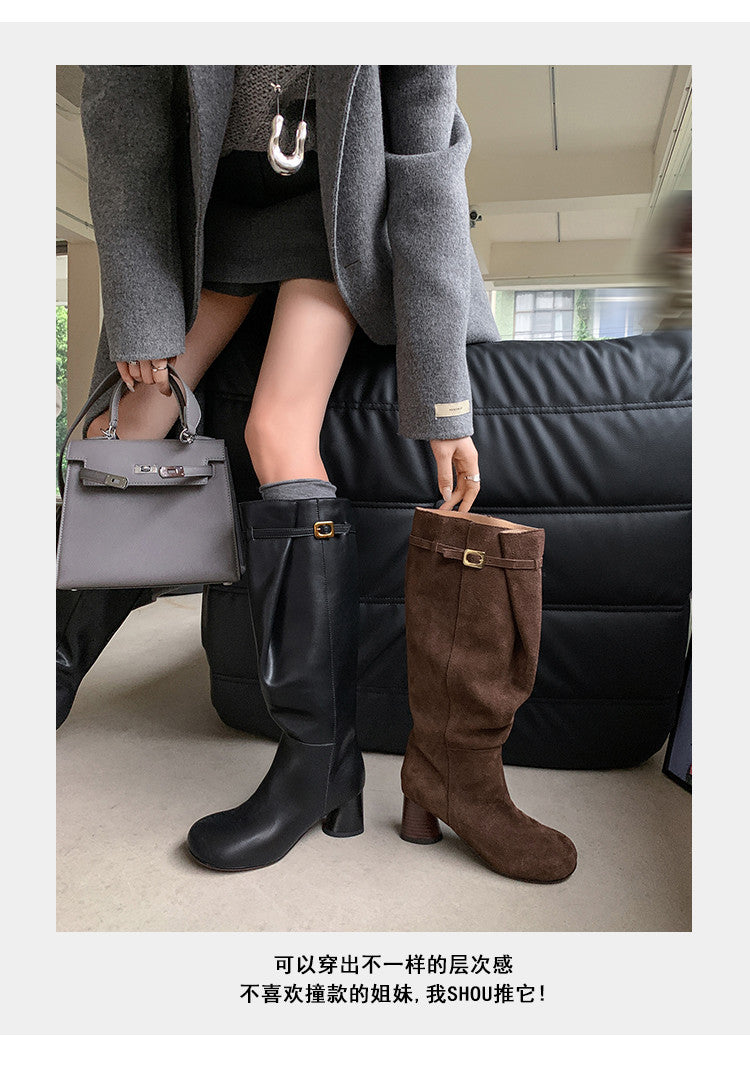 Karin Luna In Stock In Stock Mango Head Large Tube Belt Buckle Chunky Heel Long Boots