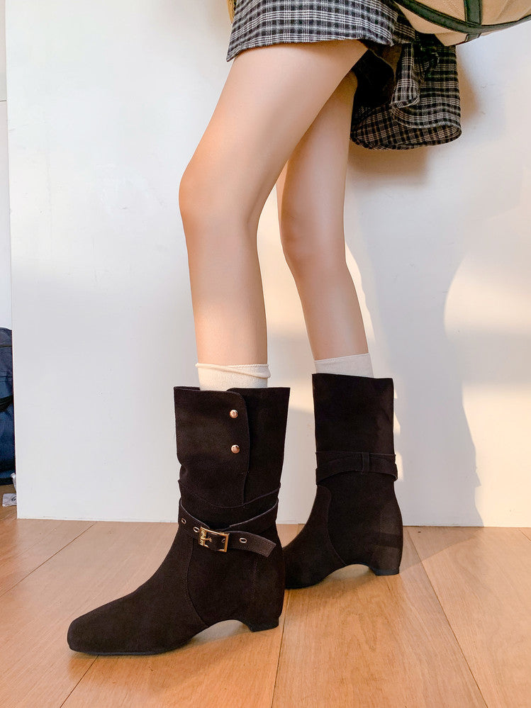 Karin Luna Foldable Belt Buckle Square Toe Hidden Wedge Short Boots