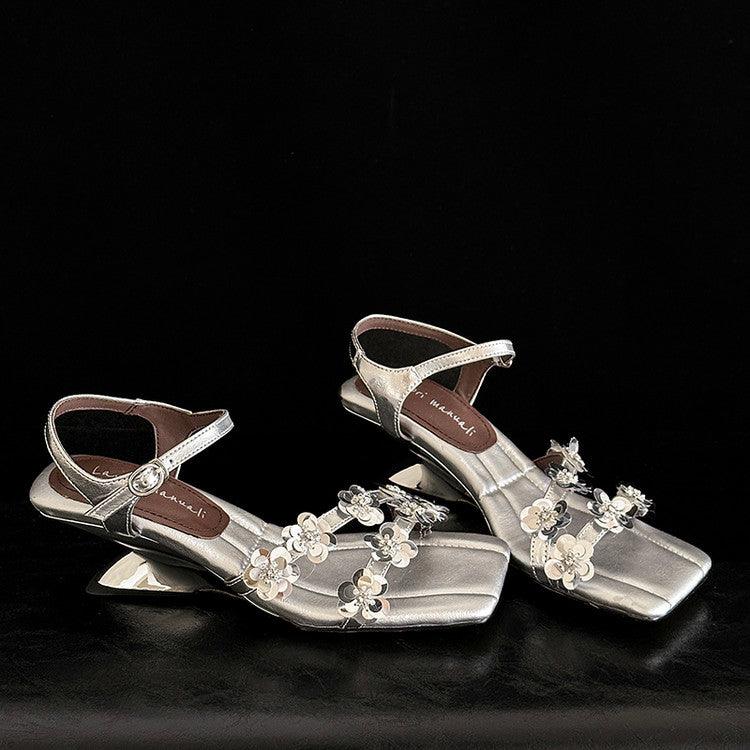Karin Luna In Stock Spot Goods All the Best Square-Toed Sequin Flower Sandals