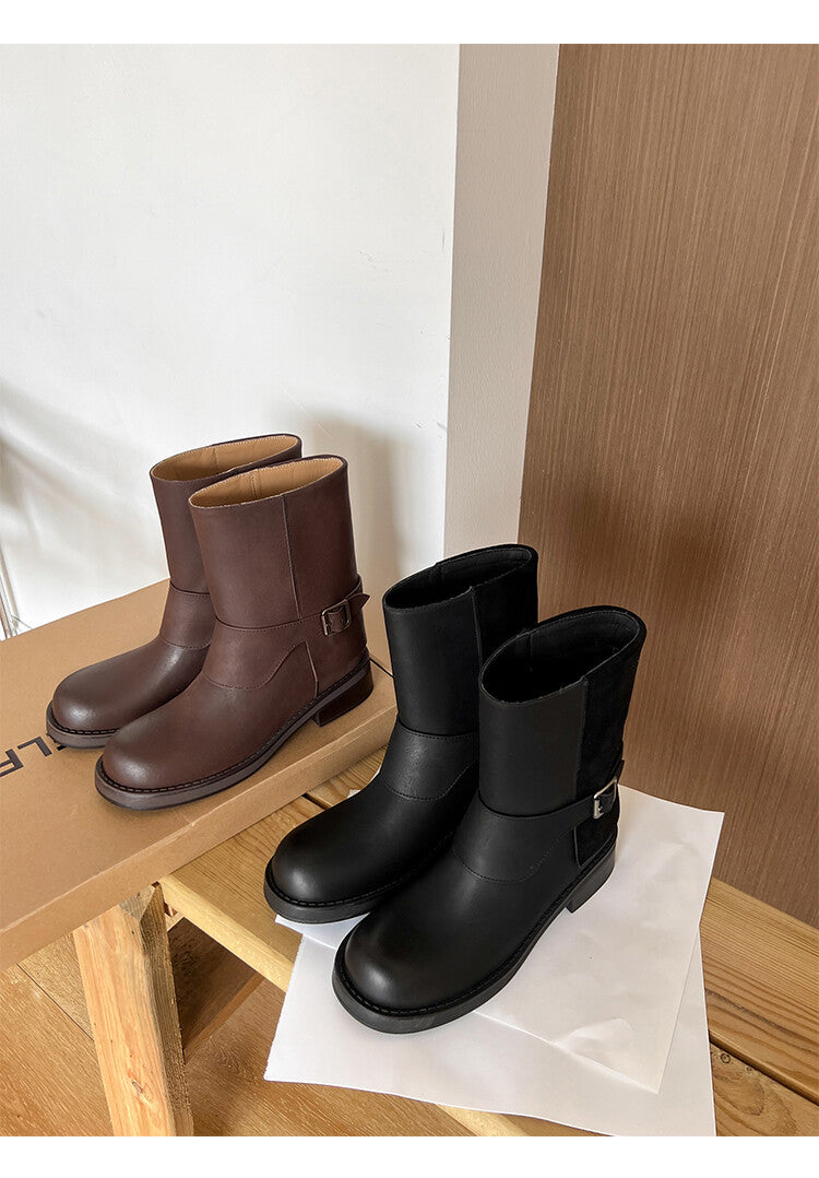 Karin Luna Belt Buckle Chunky Heel Fashion Short Boots