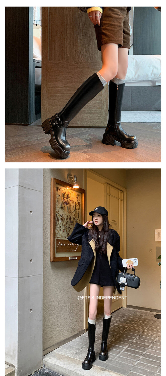 Karin Luna In Stock In Stock Slimming Diagonal Cut Tube Top  Best-selling in stock Retro Metal Buckle Thick-Soled Long Boots