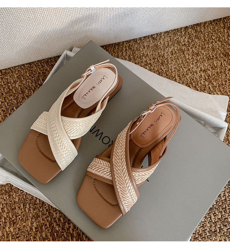 Karin Luna In Stock  Spot Goods Woven Style  Cross-strap Vacation Style Flat Sandals
