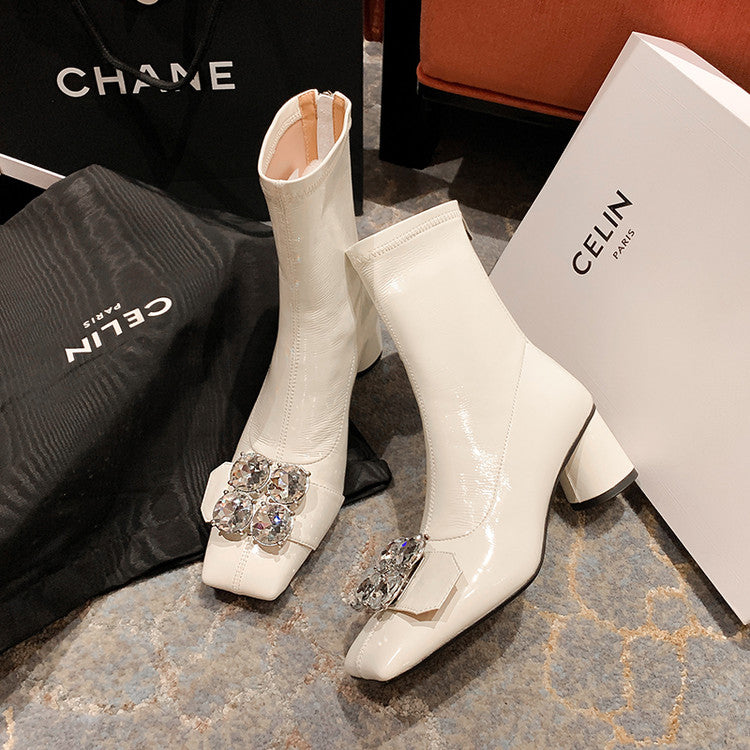 Karin Luna In Stock  Elegant Style Square Toe Rhinestone Chunky Heel Ankle Boots