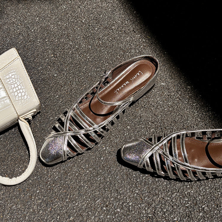 Karin Luna In Stock Spot Goods   French Retro Hollow Small Square Toe One-Strap Slippers