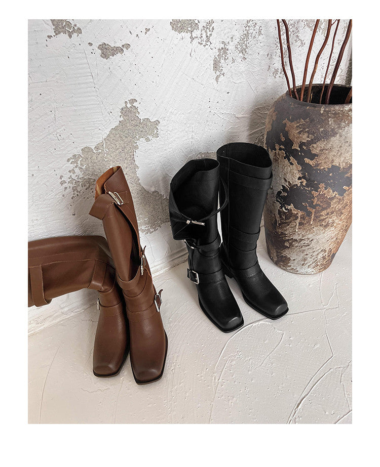 Karin Luna In Stock In Stock European and American Style Square Toe Thick Sole Belt Buckle Long Boots
