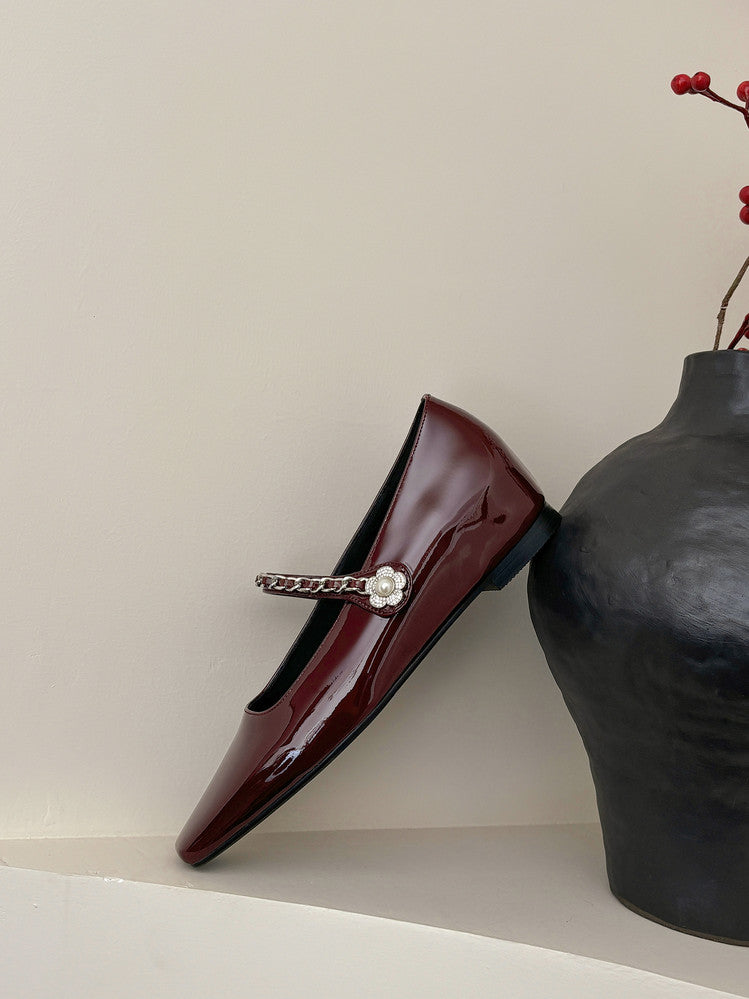 Karin Luna In Stock In Stock ~Metal One-Strap Pearl Small Square Toe Height-Increasing Flats