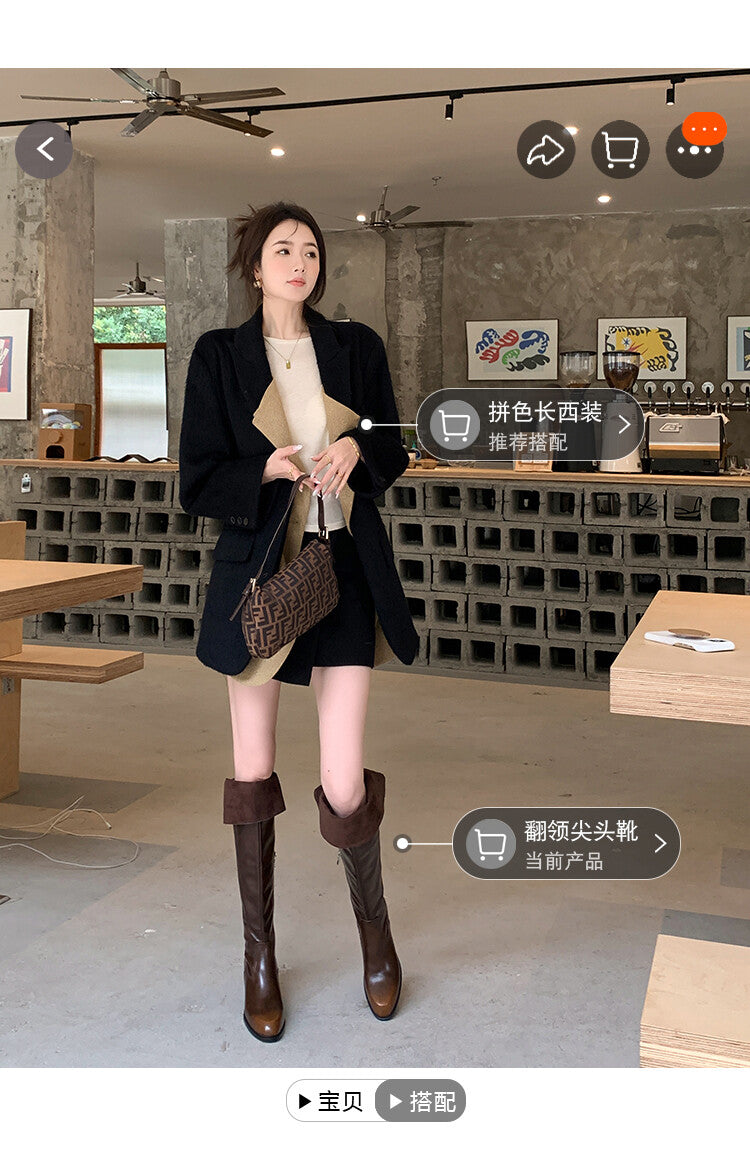Karin Luna exploded  Three versions exploded Single Fleece Lining Fur Collar Version  Thick Fur Collar Foldable Hot-Selling Full Cowhide Pointed Toe Chunky Heel Classic Style