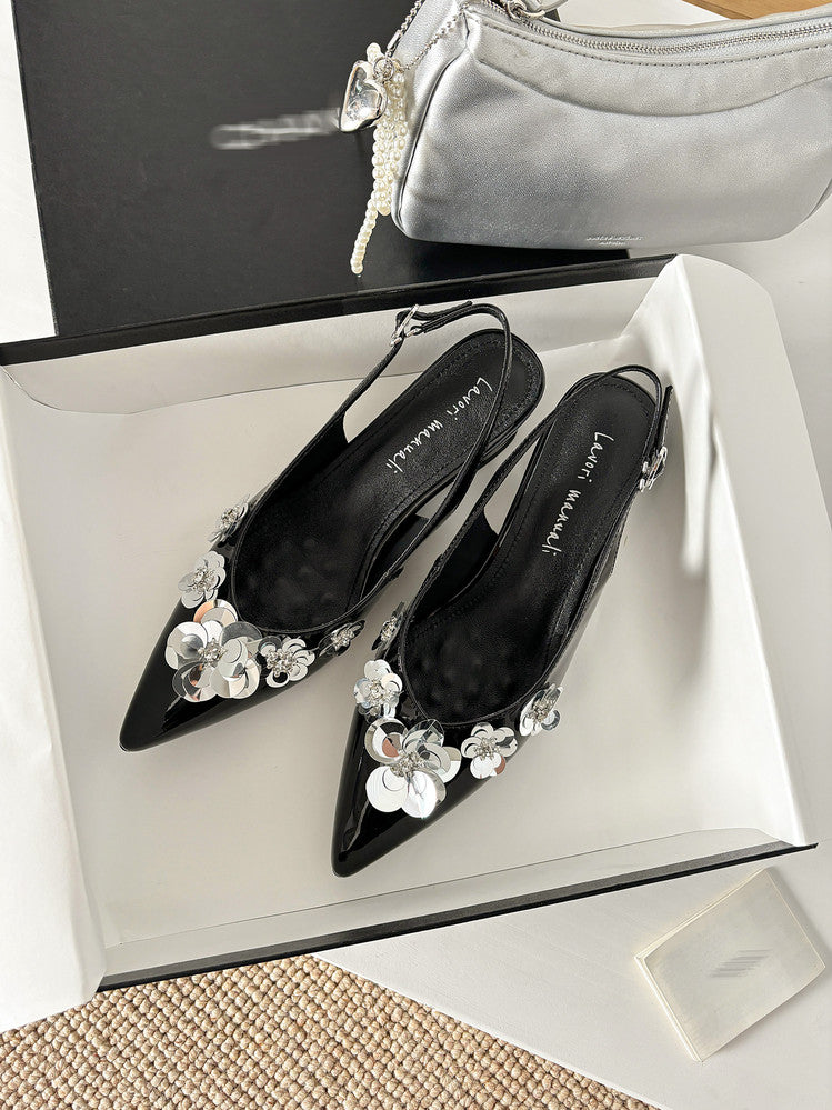 Karin Luna In Stock In Stock  Sequin Floral Pointed Toe Chunky Heel Closed-Toe Sandals