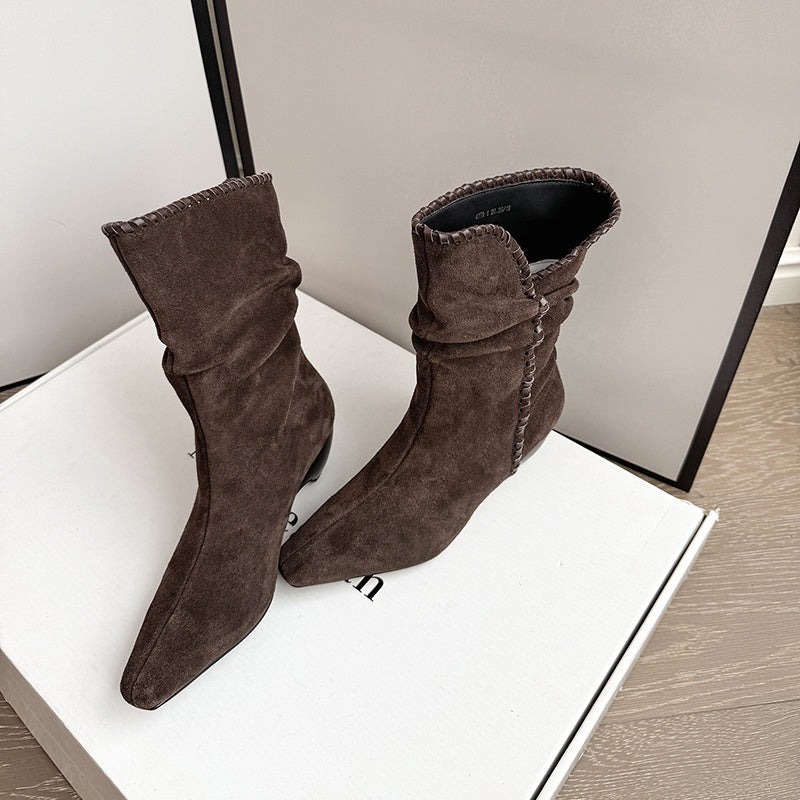 Karin Luna Small Square Toe Retro Ruched Pile Short Boots