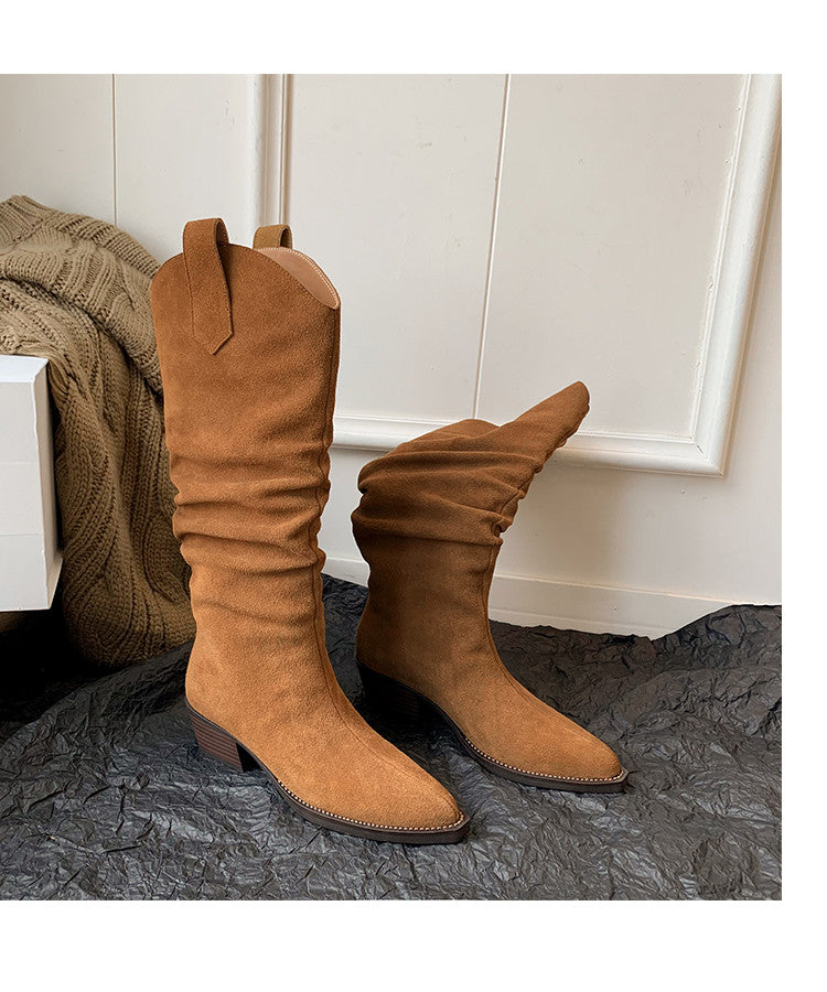 Karin Luna Elegant Style  Pointed Toe Wrinkled Wide Western Boots