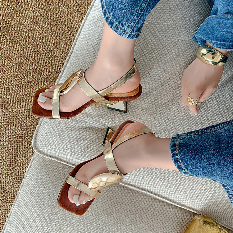 Karin Luna In Stock In Stock  Square Toe Suede Metal Heel Elegant Sandals