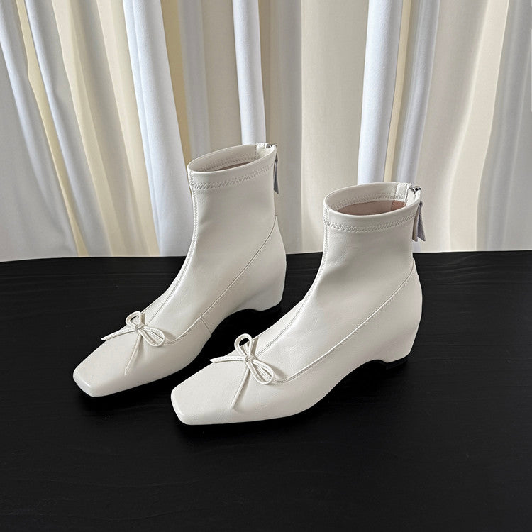Karin Luna French Style Square Toe Bowknot Hidden Wedge Slim Boots