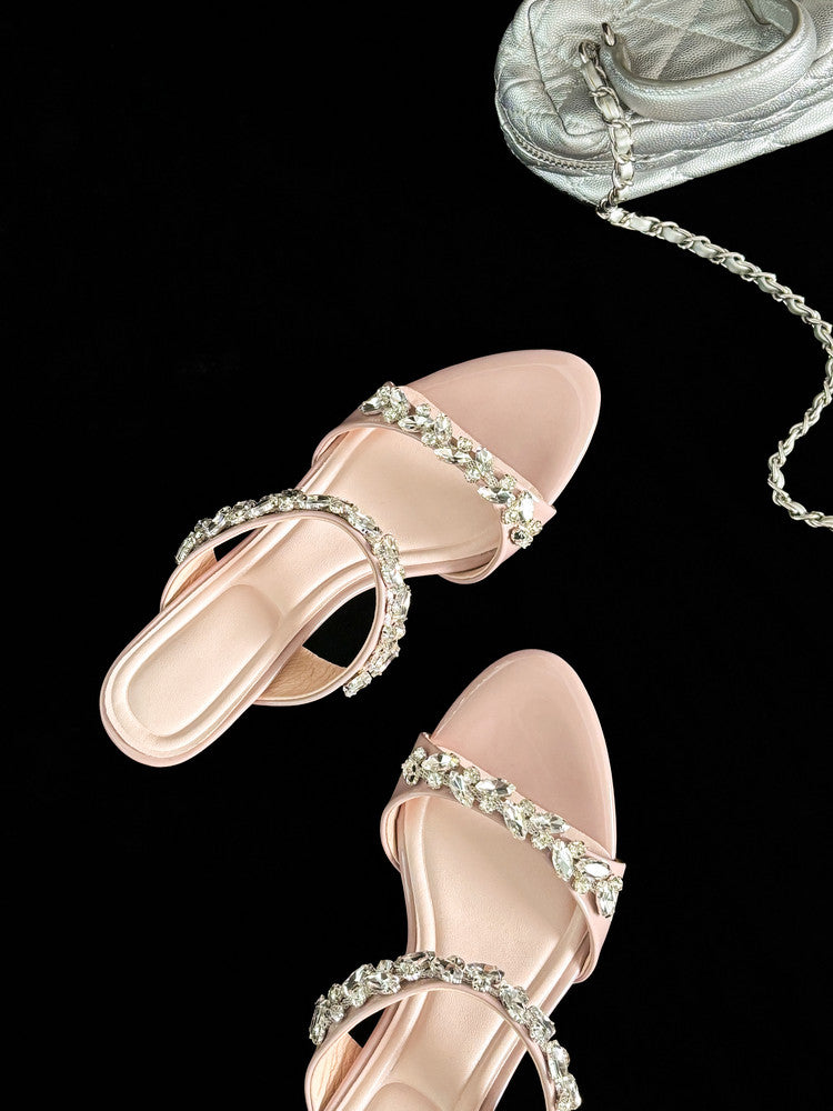 Karin Luna Exquisite Round Toe One-Strap Rhinestone Thin Heel Slippers