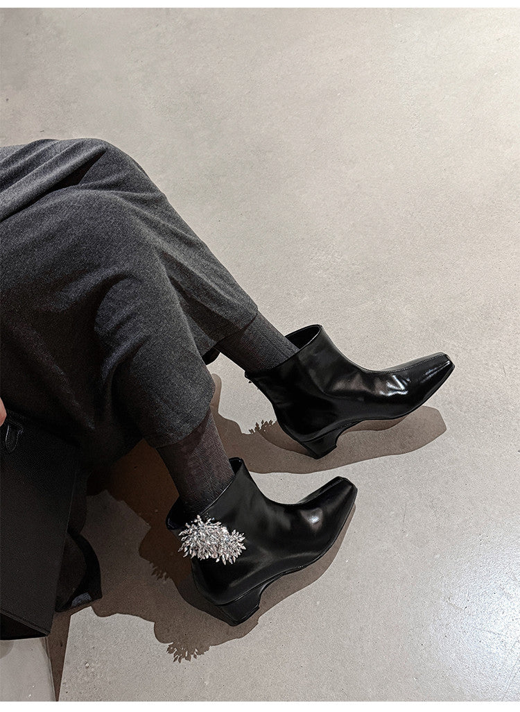 Karin Luna Elegant Style Square Toe Flower Design Height Increasing Short Boots with Two Front and Back Options