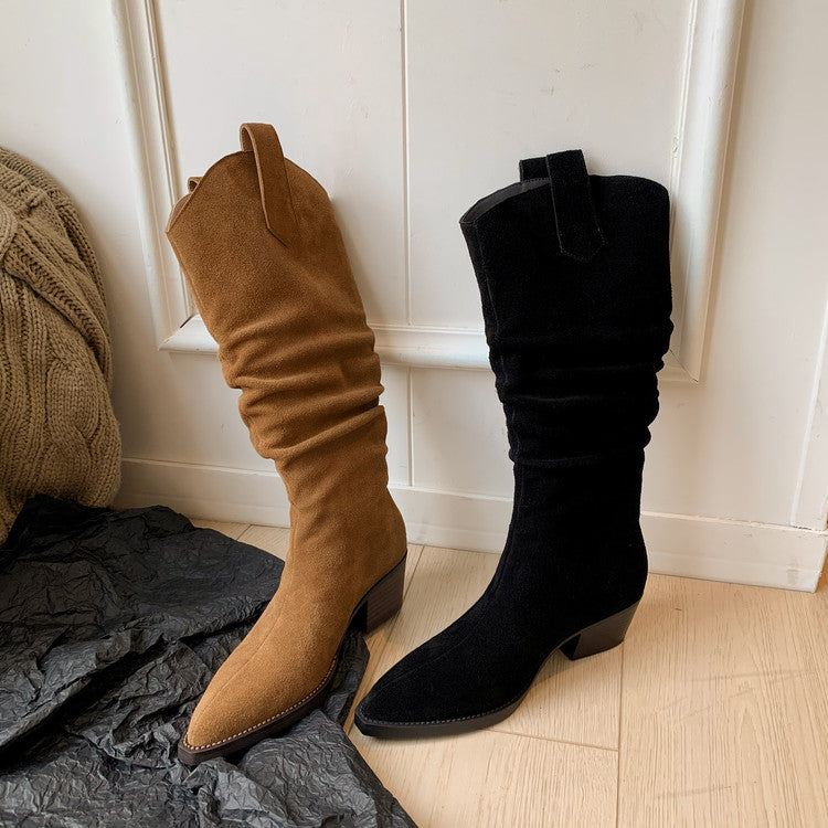 Karin Luna Elegant Style  Pointed Toe Wrinkled Wide Western Boots