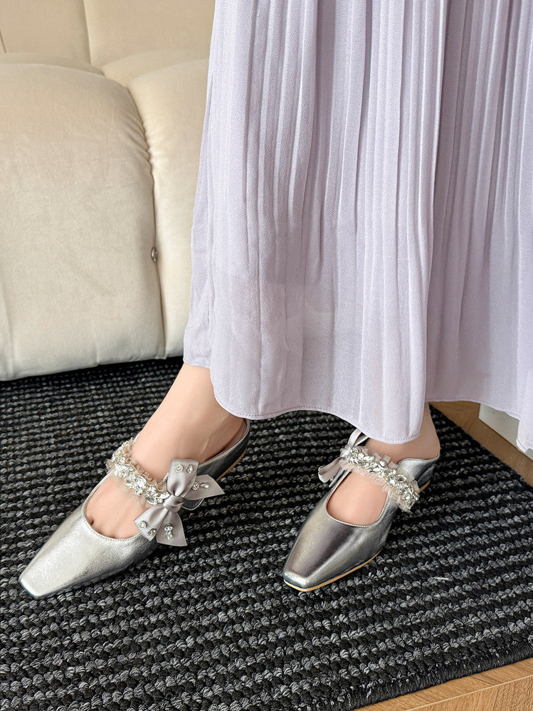 Karin Luna Handmade One-Strap Rhinestone Ribbon Square-Toe Mules