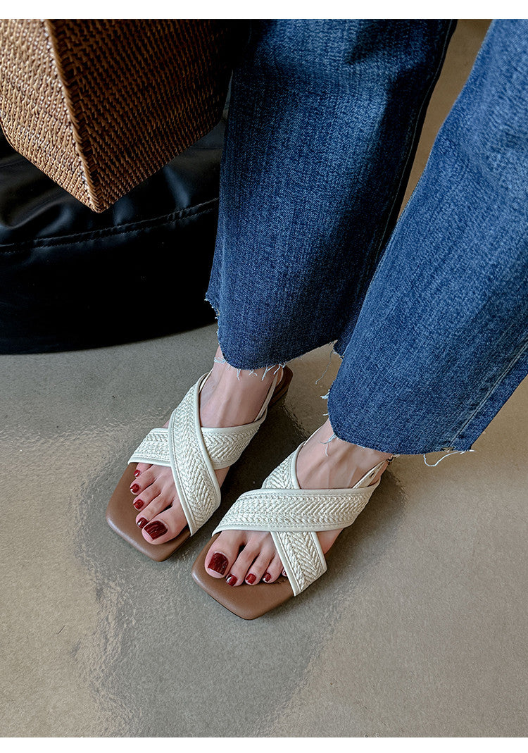Karin Luna In Stock  Spot Goods Woven Style  Cross-strap Vacation Style Flat Sandals