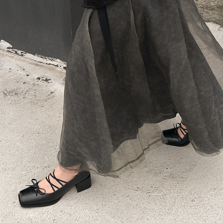 Karin Luna In Stock Spot Goods  Popular Self-flowing Bowknot Square Toe Chunky Heel Single Shoes