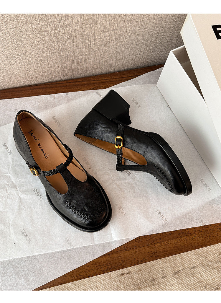 Karin Luna In Stock Spot Goods Vintage Braided Twist High Heels T Round Toe Thick Sole Single Shoes