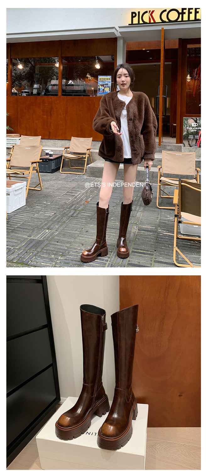 Karin Luna In Stock In Stock  Round Toe Thick Sole Belt Buckle Side Zipper Knight Boots