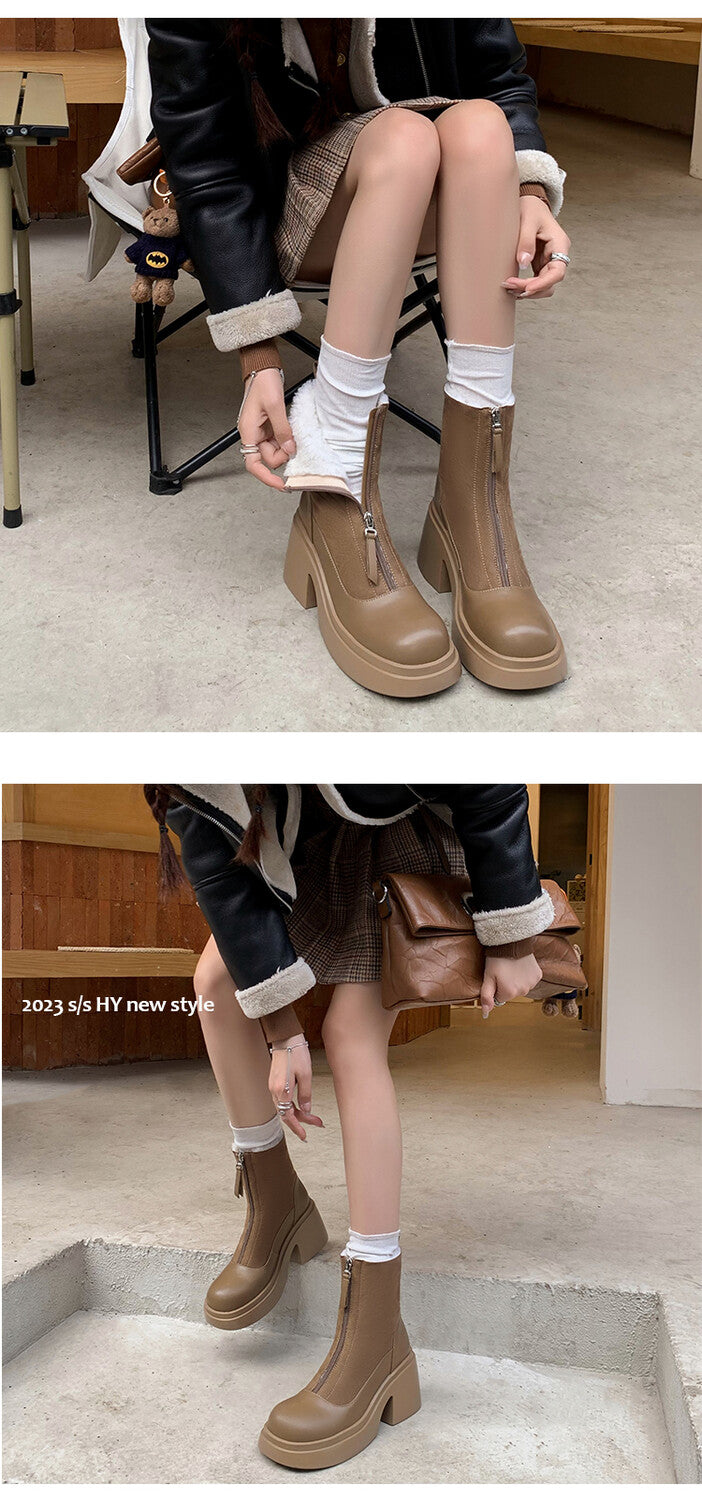 Karin Luna Basic Bestseller Timeless Thick Fur Lined Round Toe Thick Sole Cowhide Snow Boots