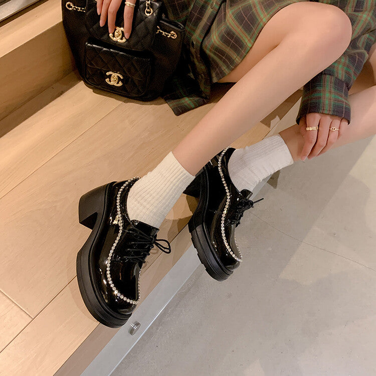 Karin Luna In Stock In Stock  Rhinestone Shoe Edge Trim Lace-up Thick Sole Loafers Best-selling in stock