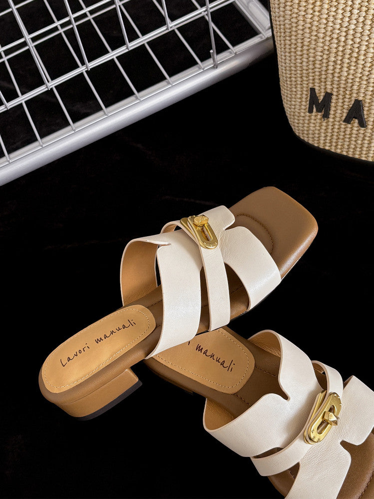 Karin Luna Comfortable Gold Buckle Square Toe Chunky Heel Casual Style Slippers