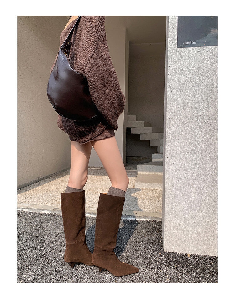Karin Luna In Stock Spot Goods Retro Cowhide Pointed Toe Stiletto Elegant Long Boots