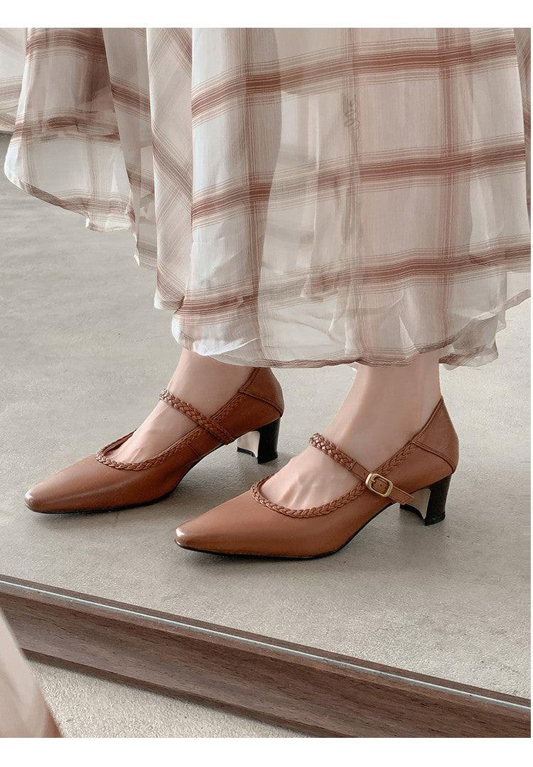 Karin Luna Braided Element Design Chunky Heel Square Toe Single Strap Shoes