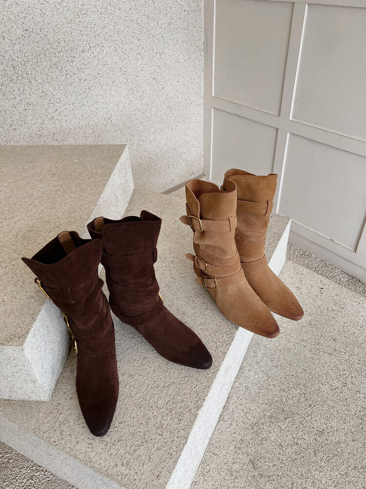 Karin Luna Cow Leather Small Square Toe Belt Buckle Fashion Boots