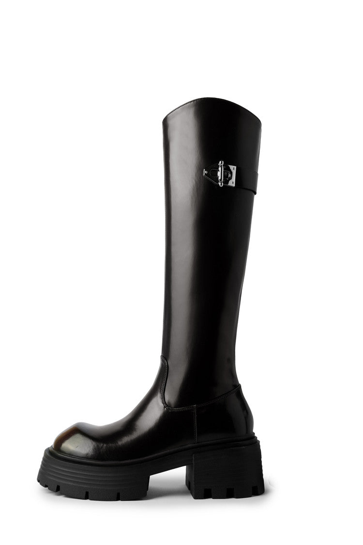 Karin Luna In Stock In Stock  Round Toe Thick Sole Belt Buckle Side Zipper Knight Boots