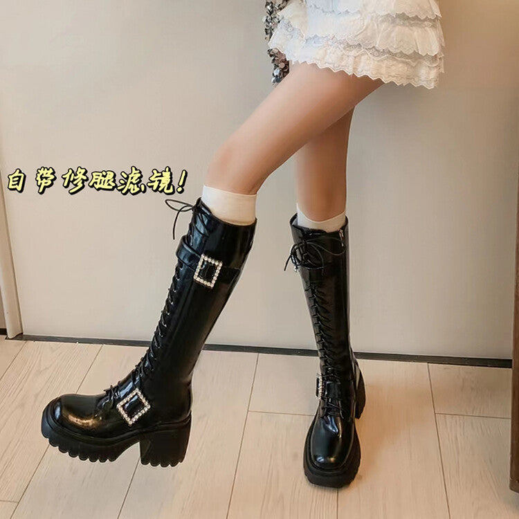 Karin Luna In Stock Spot Goods Bestselling Extended Version Rhinestone Square Buckle Thick Sole Lace-up Thick Sole Full Cowhide Knight Boots