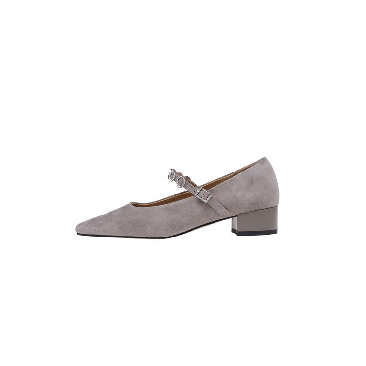 Karin Luna In Stock Spot Goods  Vintage Full Leather Square Toe Rhinestone Strap Shallow Mouth Single Shoes